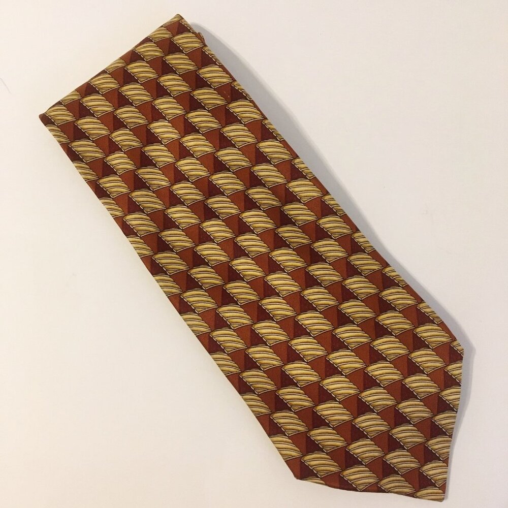 Valentino Cravatte Neck Tie 100% Silk Rust Brown Gold Handmade Geometric Pattern